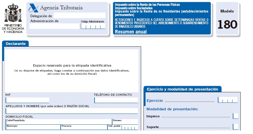 Modelo 180: resumen anual retenciones sobre rendimientos del arrendamiento urbano